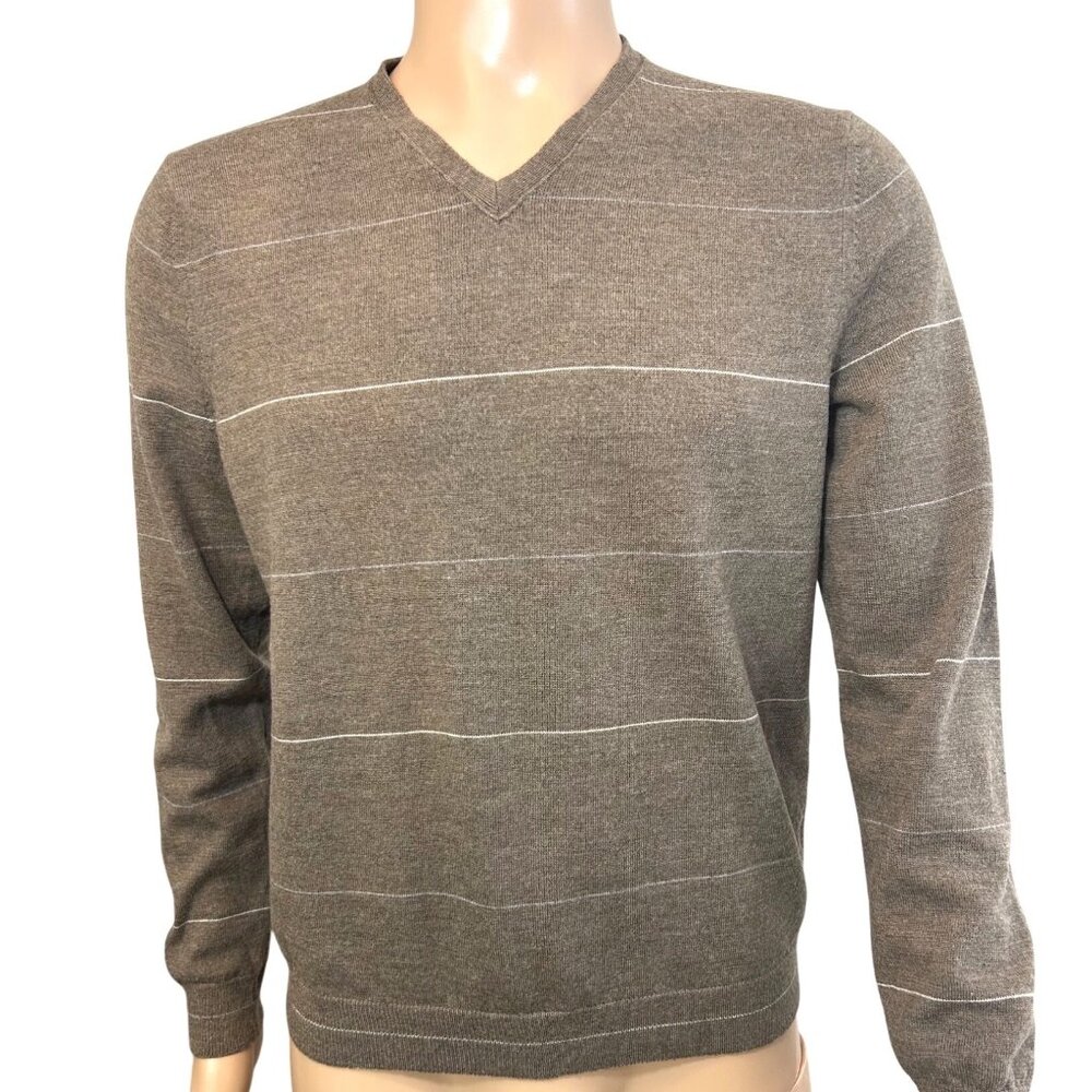 Banana Republic Men’s Sweater M Brown Blue/Grey White Thin Stripes  Wool V-neck